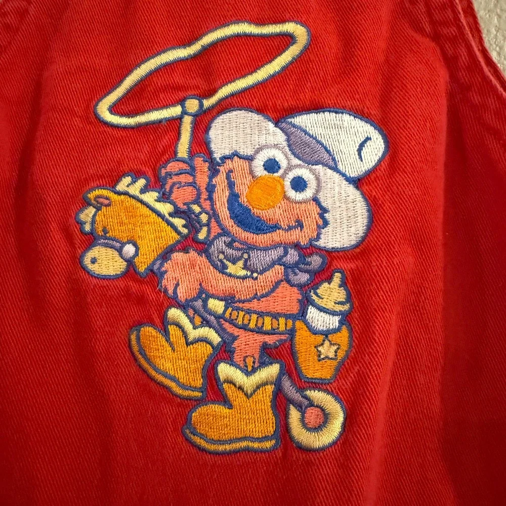 Vintage 90s Sesame Street Elmo Overalls 6/9M Embroidered Cowboy Sheriff Western‎
